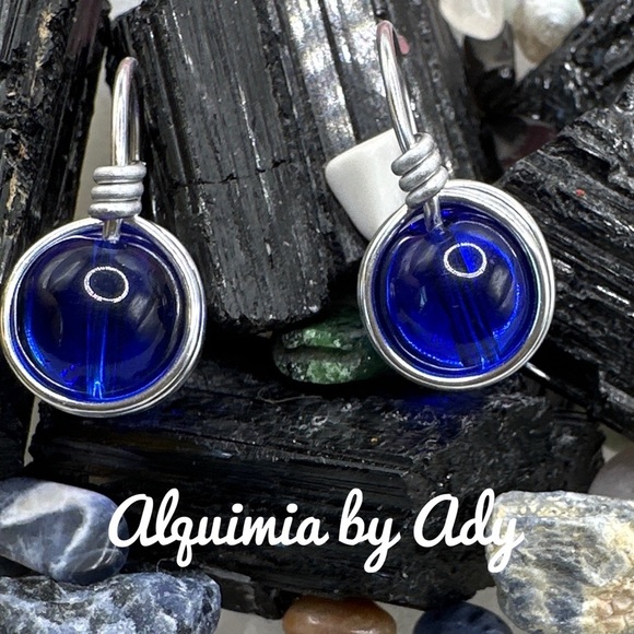 Untreated sapphire ball dangle spheres silver earrings handmade - Picture 1 of 5